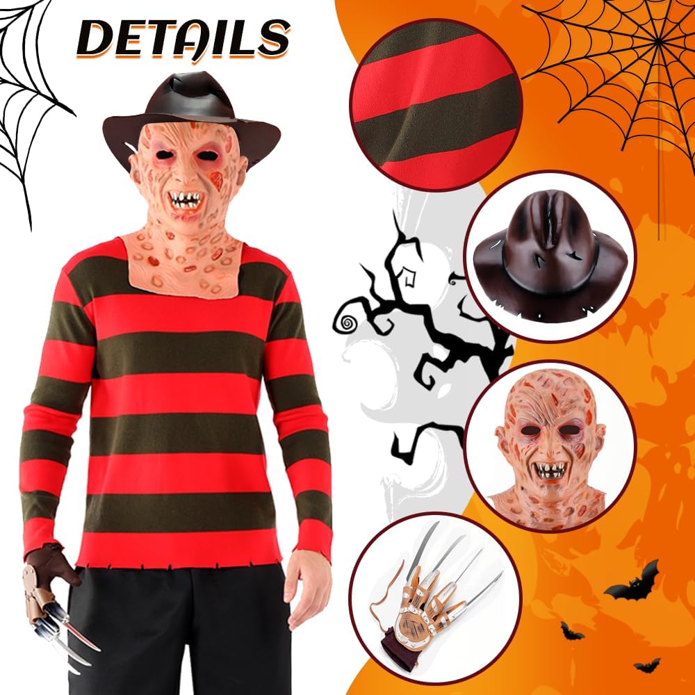 vickkt 4PCS Halloween Scary Krueger Costume for Men Red Striped Sweater Creepy Mask Steel Claw Glove Cowboy Hat Adult - Image 2