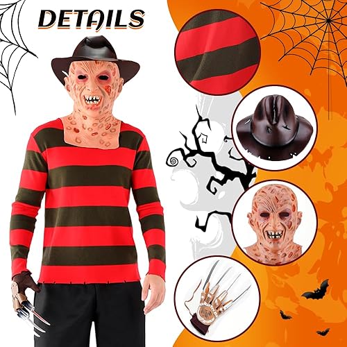 Miniatura 2 de vickkt 4 piezas de disfraz de Krueger aterrador de Halloween para hombres, suéter a rayas rojas, máscara espeluznante, guante de garra de acero,