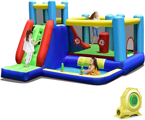 HONEY JOY Casa de rebote de agua, tobogán acuático inflable 7 en 1 con casa de rebote, pared de escalada, juego de pelota y anillo de objetivo,