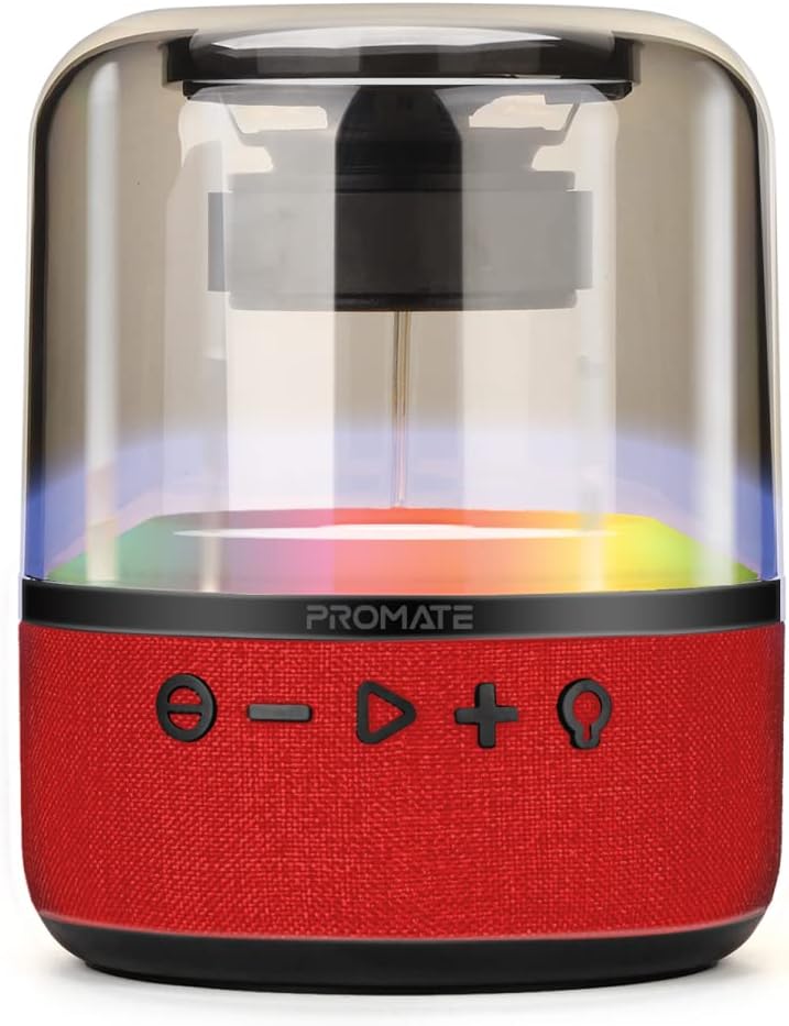 Promate Bluetooth Speaker, Premium 10W True Wireless Portable LED Speaker with 360-Degree HD Sound, Light Show, 6H Playtime, 3.5mm Audio Jack, USB Port and TF Card Slot for iPhone 14 Glitz-L Red