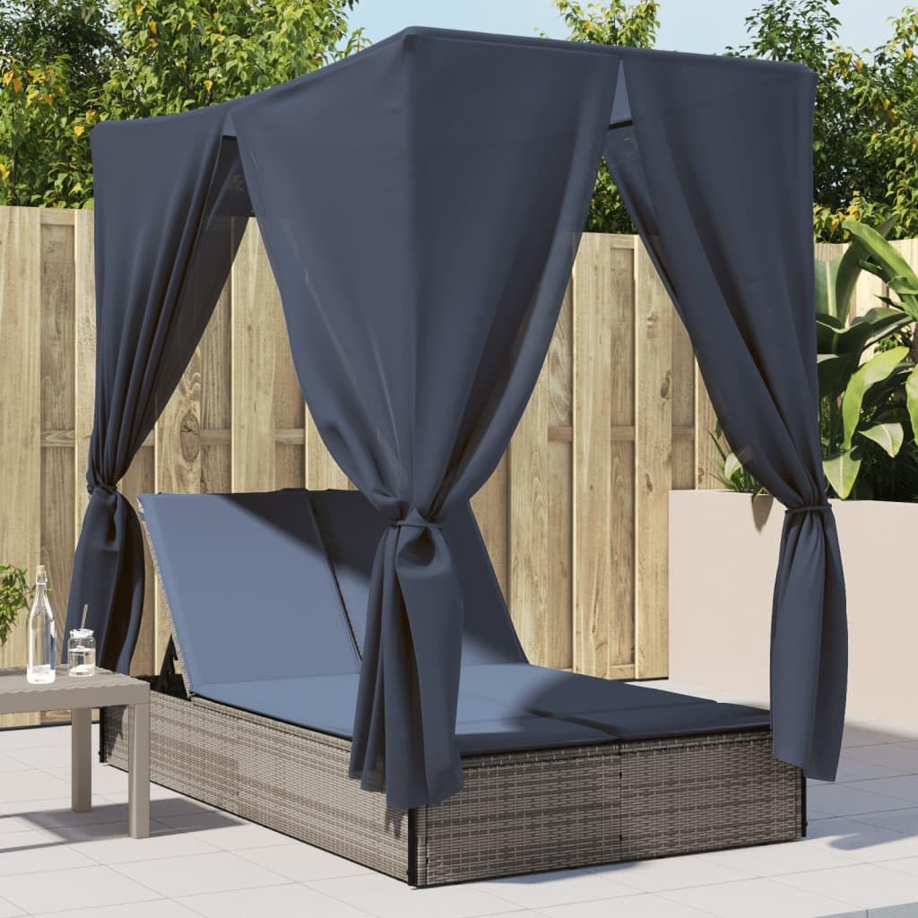 Chaise longue de jardin double avec toit et rideaux en polyrotin gris, dossier réglable, résistant aux intempéries, avec rembourrage et coussin, idéal pour terrasse, balcon, piscine, chaise