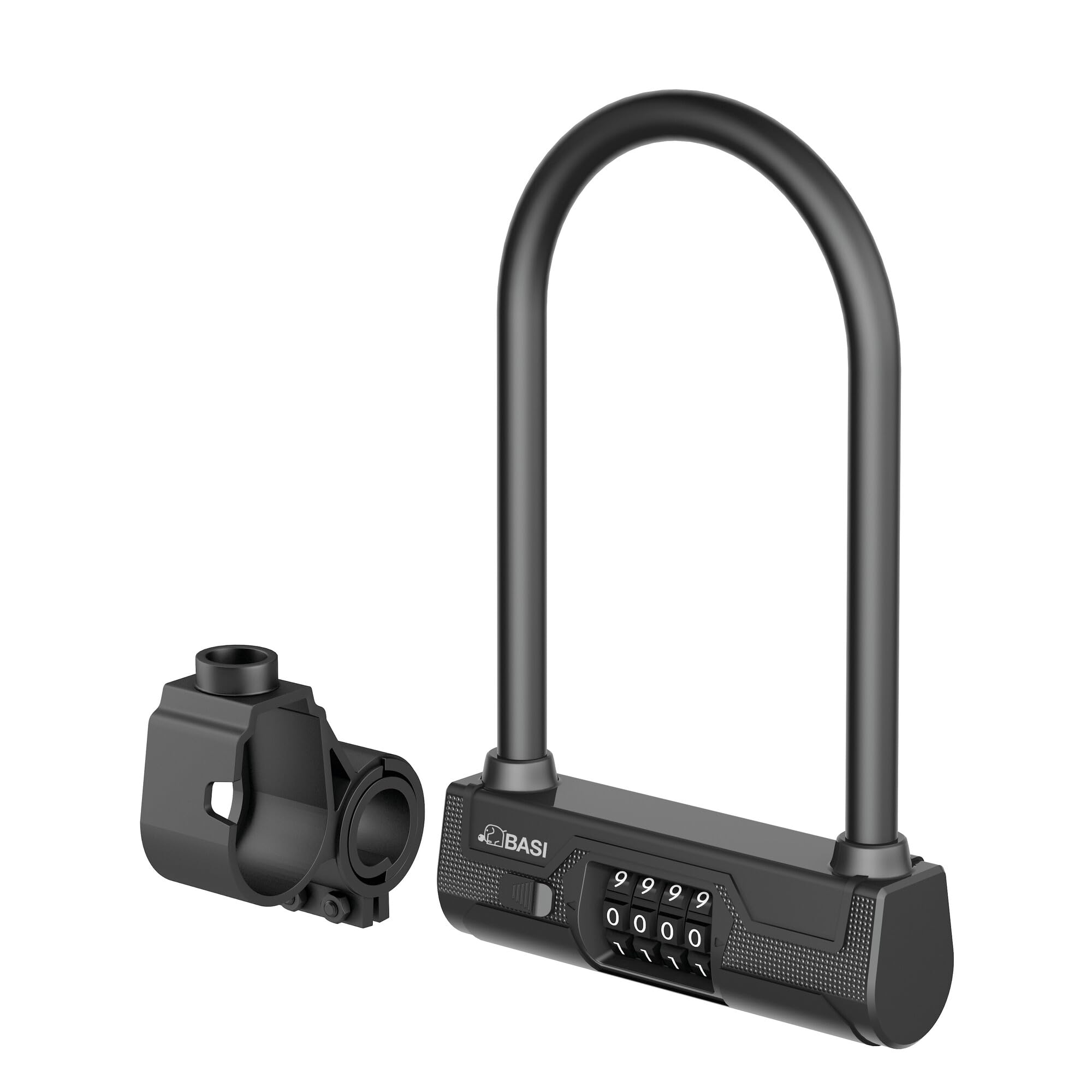 BASI | Antivol en U avec code numérique à 4 chiffres avec support de cadre | Épaisseur de l'anse de 14 mm | Antivol de vélo U avec étrier rond | Serrure pour vélo, vélo électrique, moto | Protection