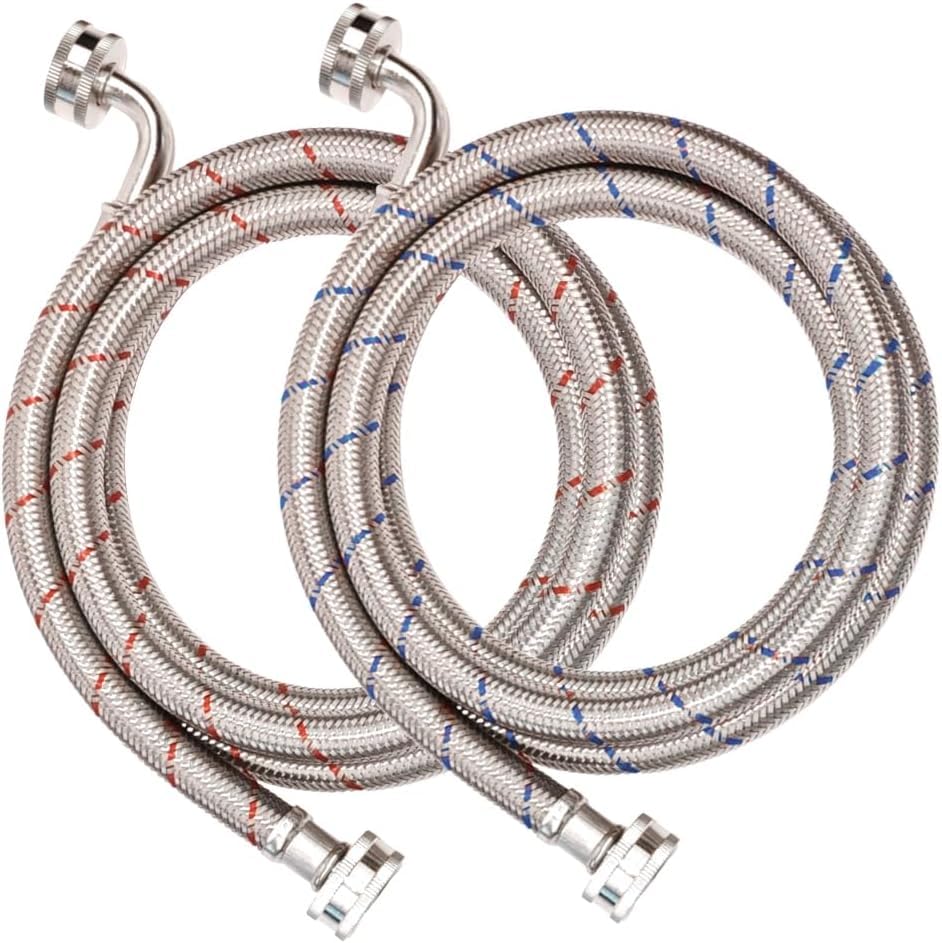 20FT Red and Blue Washer Hoses 2 Pack Stainless Steel Washing Machine Hoses with 90 Degree Elbows Burst Proof Hot & Cold WaterConnection Inlet Washer Supply Lines