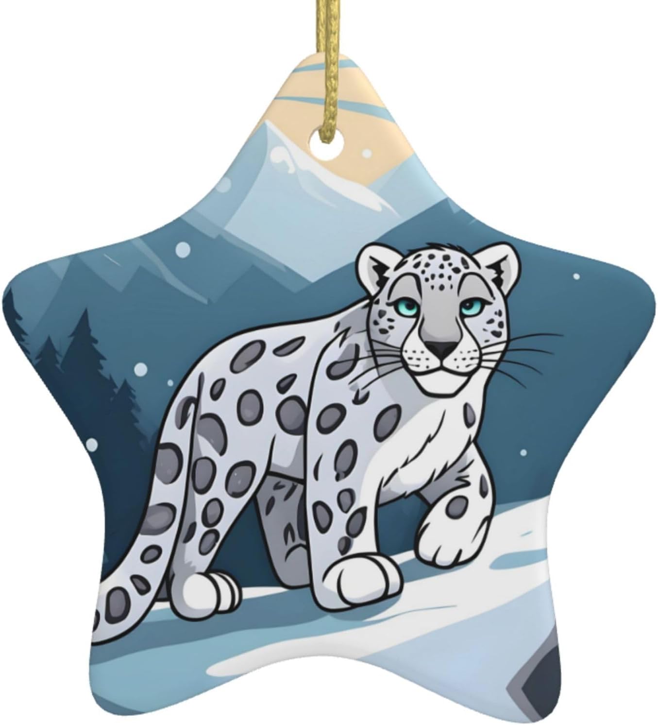 Cartoon Snow Leopard pattern Christmas Tree star Ceramic Hanging decorate : Comes with gold wire rope for easy hanging -2.9 in