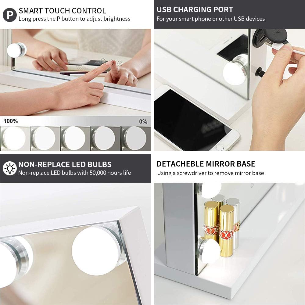 FENCHILIN Large Vanity Mirror with Lights and Blutooth Speaker, Hollywood Lighted Makeup Mirror with 15 Dimmable LED Bulbs for Dressing Room & Bedroom, Tabletop or Wall-Mounted, Slim Metal Frame White : Home & Kitchen