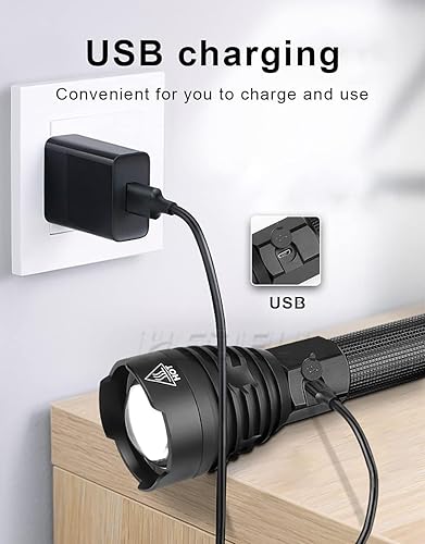 Miniatura 6 de Linterna recargable de alto lúmenes, linternas LED de mano súper brillantes, luz de flash USB C de alta potencia, 3 modos de zoom, impermeable,