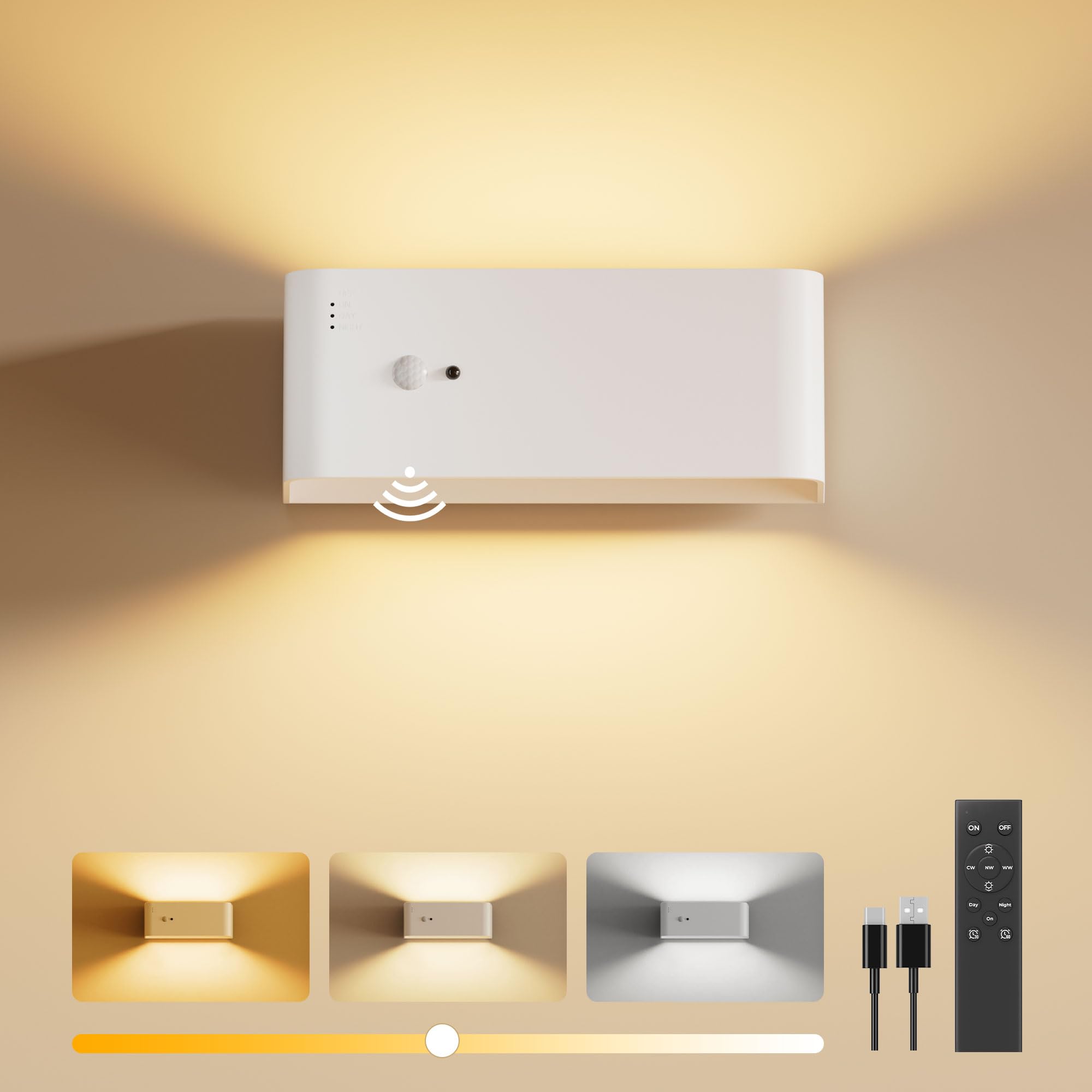 FULNIX Akku Wandleuchte Innen mit Bewegungsmelder mit Fernbedienung, Kabellos LED-Wandleuchte mit Wiederaufladbaren 8000mAh Akku, Helligkeit einstellbar Wandlampe für Schlafzimmer und Flur, Weiß