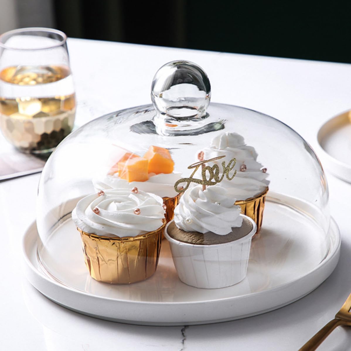 Bandeja para Tartas con Tapa de Vidrio Transparente, Plato de Cerámica Blanco Resistente Adecuado para Fiestas de Cumpleaños y Cocina