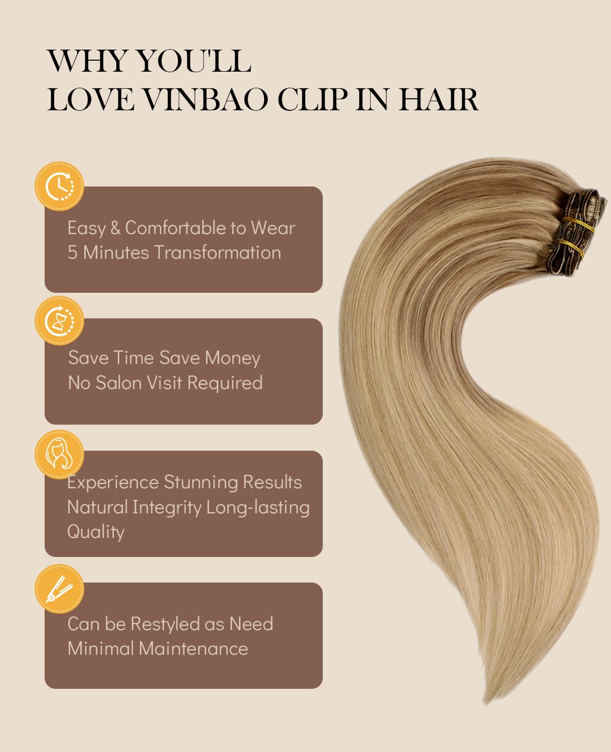 VINBAO Clip in Hair Extensions Human Remy Hair 18 Inch 6pcs 120g Balayage Light Brown to Caramel Blonde Hair Extensions Clip in Human Hair (#10/16/16,18'')