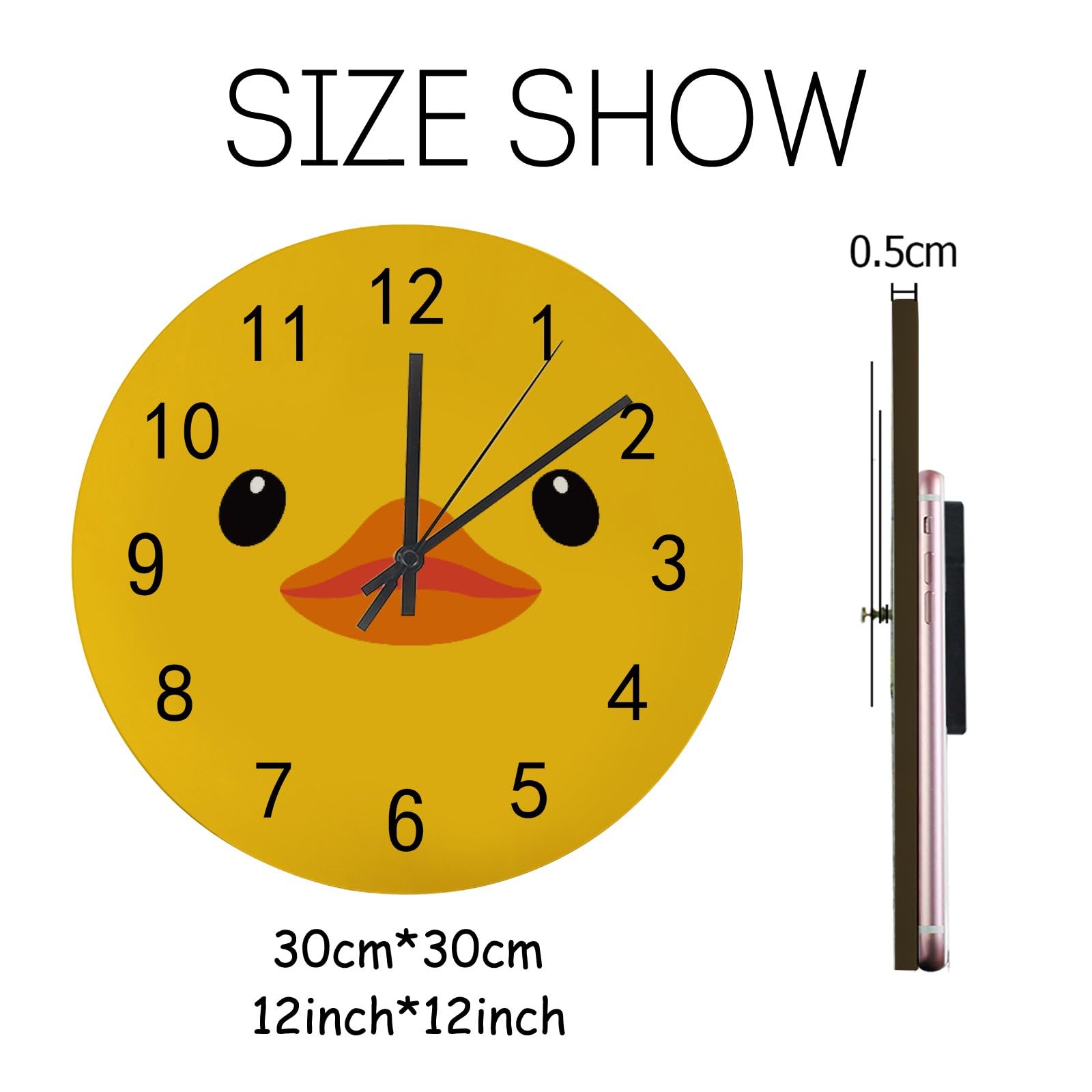 Wood Wall Clock for Living Room Decor Cute Cartoon Yellow Duck 11.8 Inch Silent Non-Ticking Hanging Round Desk Clocks Battery Operated Easy to Read Bathroom Kitchen Office