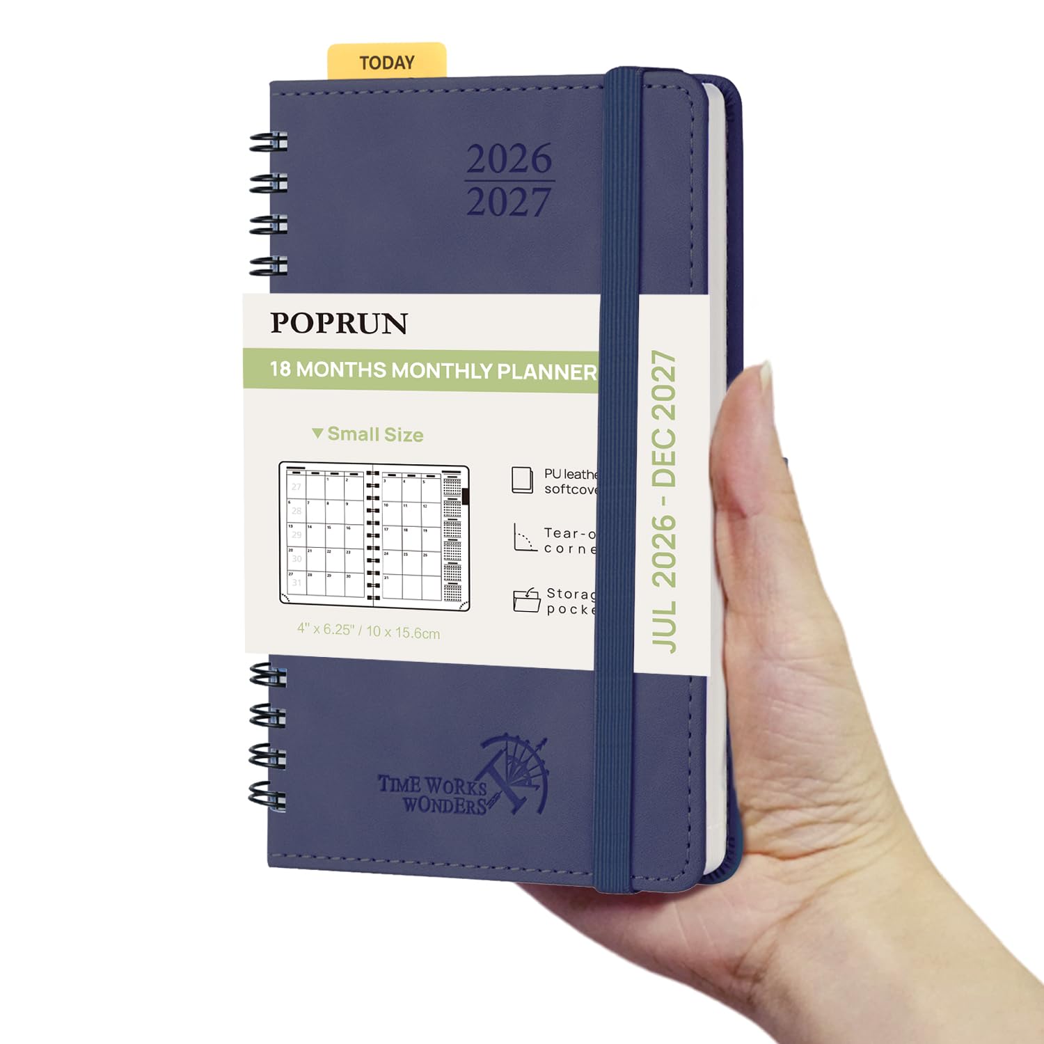 POPRUN 18 Month Planner (Jul'26 - Dec'27) 2026-2027 A6 (16x10.5cm) Pocket Month to View only Spiral Soft Cover 26/27 Monthly Planner,Sunday Start(Navy blue) โ image 1