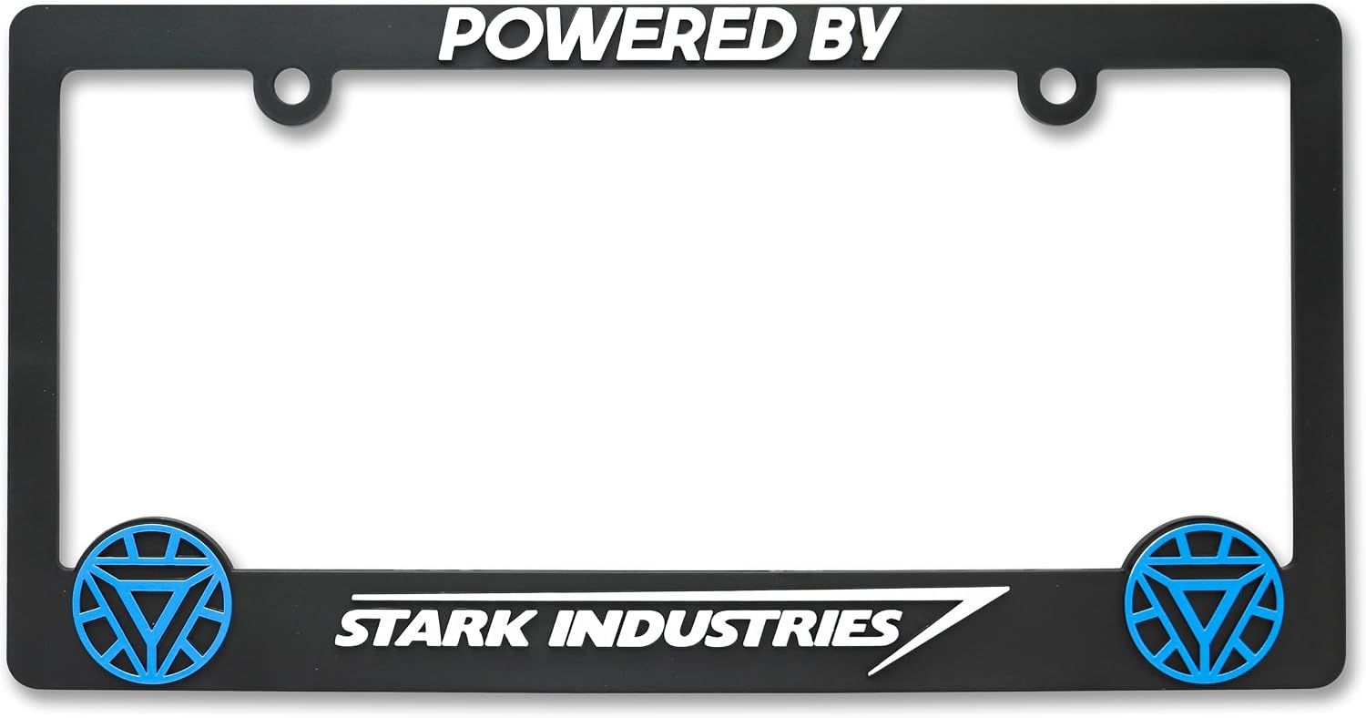 Powered by Stark Industry V2 3D Raised License Plate Frame | 1 Pack Car License Plate Cover | Universal US Black License Plate Holder | Auto Accessories (Car, Truck and SUV)