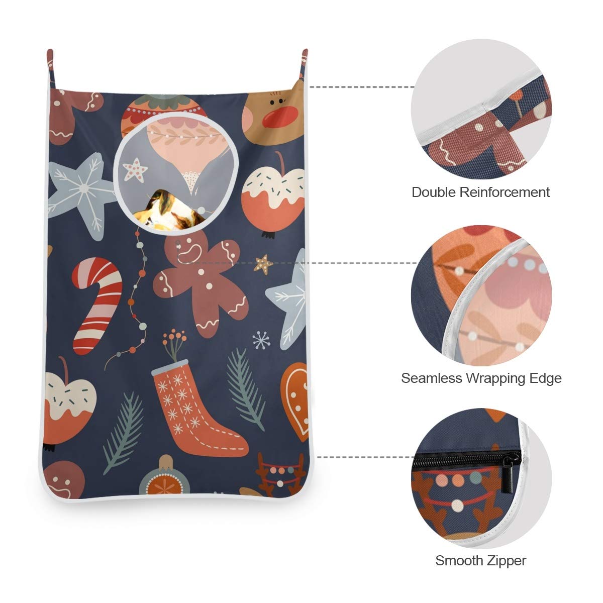 cesto portabiancheria da appendere alla porta, ideale come regalo per Natale, inverno, con renna e ganci in acciaio inox, confezione da 2
