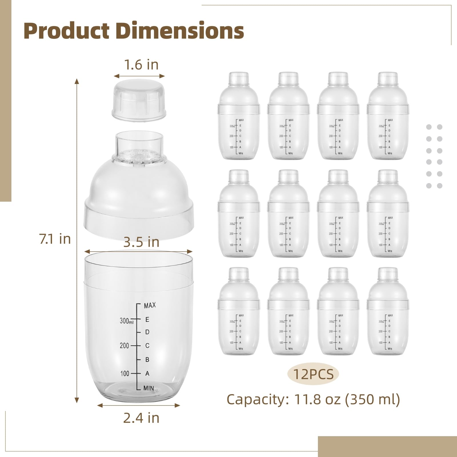 Paquete de 12 cocteleras transparentes de 350 ml, coctelera de plástico con colador integrado para el hogar y fiestas
