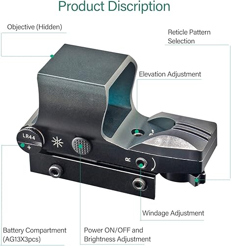 Miniatura 2 de Vista reflejante, múltiples retículas holográficas de punto rojo, óptica alcance de punto rojo con montaje de riel Picatinny Weaver de 0.787 in para