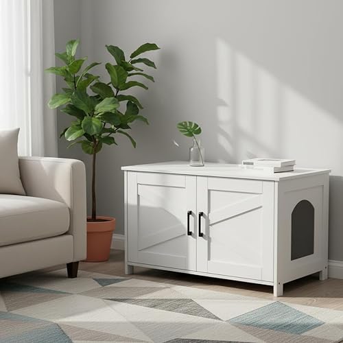 Miniatura 36 de Homhedy - Caja de arena para gatos, muebles de madera para baño de gatos con puerta de granero, casa para mascotas, se adapta a la mayoría de cajas