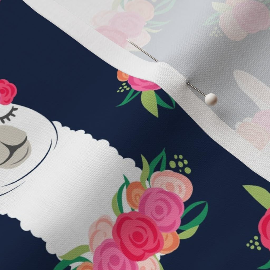 Spoonflower Fabric - Floral Llama Spring Colors Navy Alpaca Flowers Crown Printed on Petal Signature Cotton Fabric by The Yard - Sewing Quilting Apparel Crafts Decor
