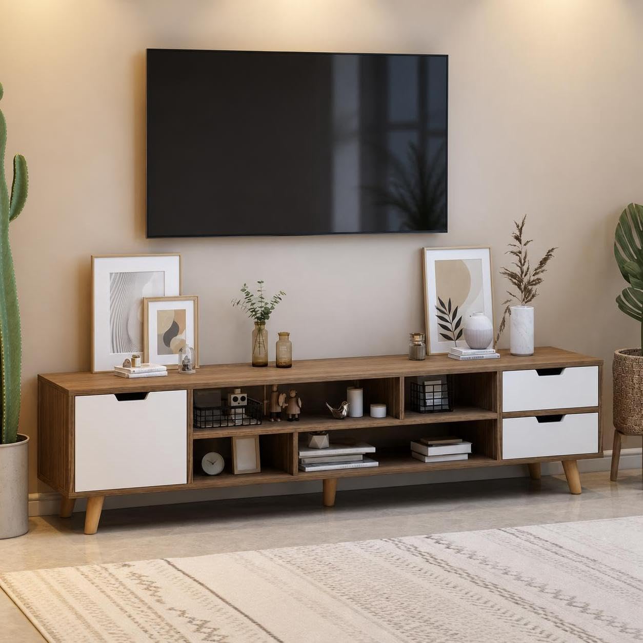 Mobile TV Minimalista Nordico con Gambe in Legno Massello, Mobile per Soggiorno Basso da Terra, Arredo Moderno per Piccoli Spazi