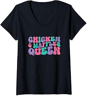 Womens Chicken & Waffles Queen Womens Retro Vintage Wavy Groovy V-Neck T-Shirt