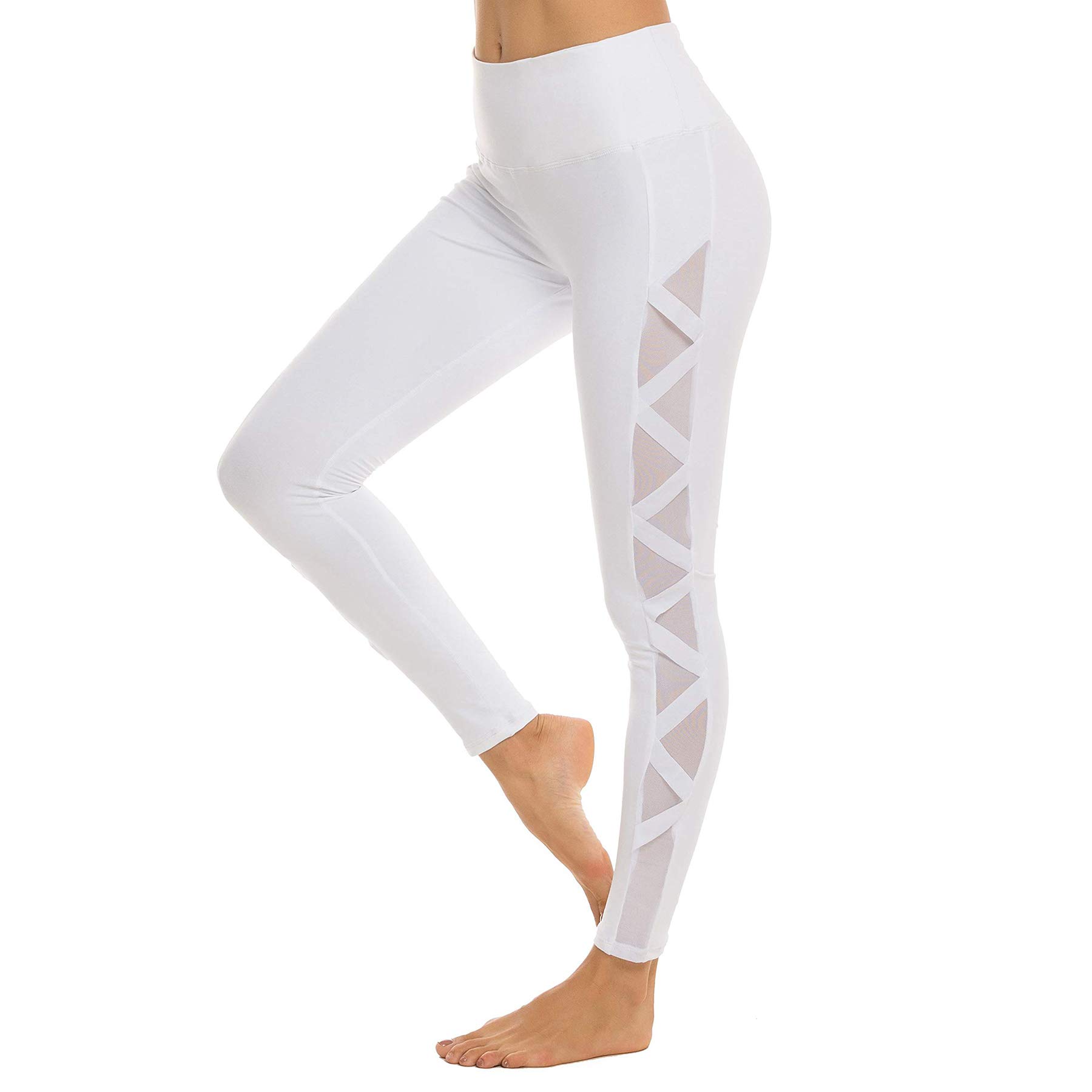 romansong Mesh Leggings with Pockets High Waist Cute Ripped Cutout Soft Dressy Sexy Yoga Leggings for Women(White,Small)