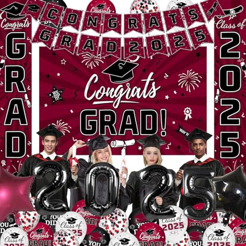 Image of Graduation Decorations Class of 2025,Red Themed Graduation Decorations Party Set Includes Backdrop Banner, Hanging Swirl,Door Banner,2025 Foil Balloons, Latex Balloons for Senior School Celebrations