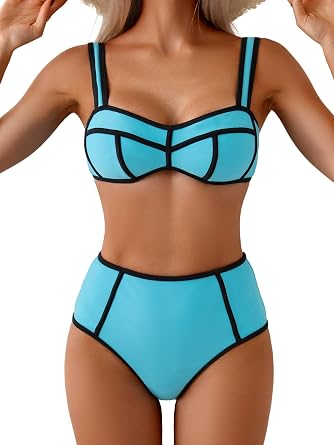 Eomenie Bikini Sets for Women Two Piece Swimsuits High Waisted Color Block Bathing Suits Tie Back Swimwear