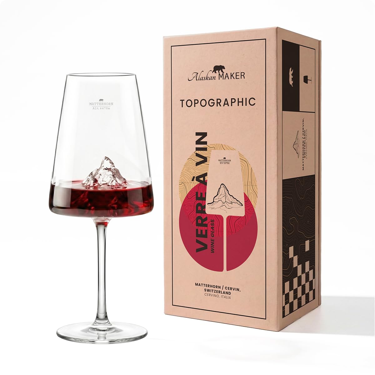 Alaskan MAKER Wine glass 400 ml - High quality mouth-blown borosilicate glass with 3D embossed mountain at the bottom | Rigid box premium magnetic cardboard | TOPOGRAPHIC (Matterhorn)