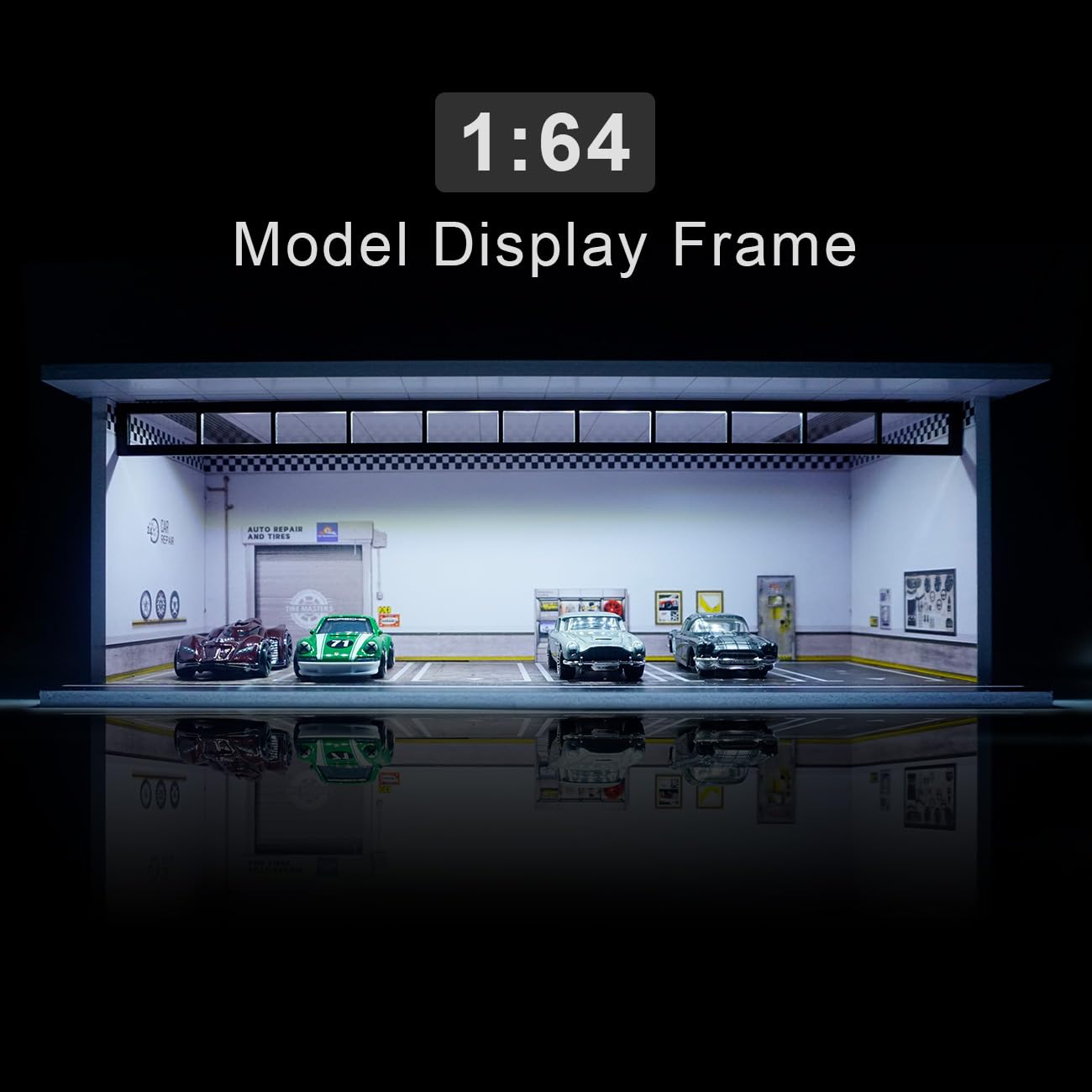 1:64 Garage Diorama vetrina per parcheggio - 6 Parking Space Display Case - for Modellini di Auto Diecast - Collection, Decoration, DIY Collezione Gift (Parete Bianca e Nera)