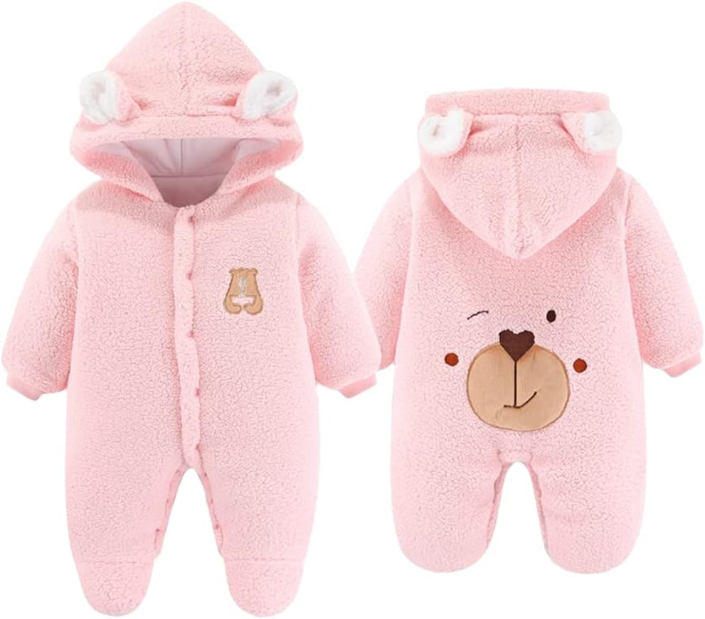Newborn Fleece Footie Jumpsuit Hooded Warm Thicken Winter Outwear Snowsuit for Baby Girls and Boys