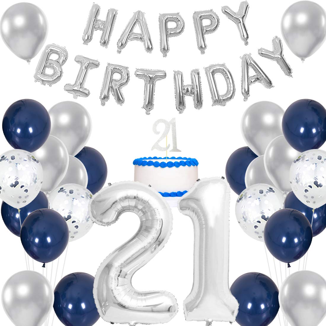 21. Geburtstag Dekoration Set Marineblau & Silber – Banner, Hintergrund, Ballons, Nummer 21