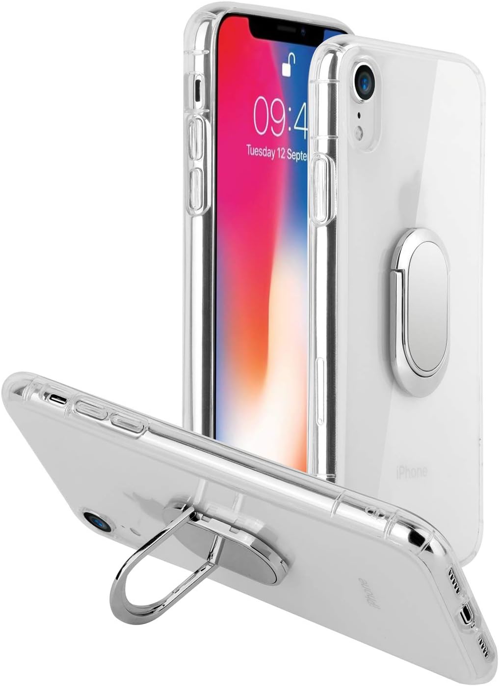 mgACC iPhone XR Case with 360 Rotating Ring Grip Holder Kickstand Function Magnetic Base, Ultra Slim Thin Hard Scrub Cover with Shockproof Protective for Soft TPU iPhone XR (Transparent)
