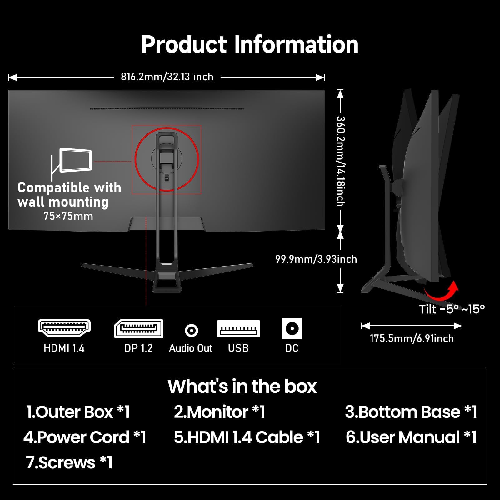 Gawfolk Monitor 34 Pollici IPS, 2560x1080 DFHD, 120Hz, FreeSync, 21:9, per PC e Video Gaming, HDMI DisplayPort, Montaggio VESA 75x75mm, Nero