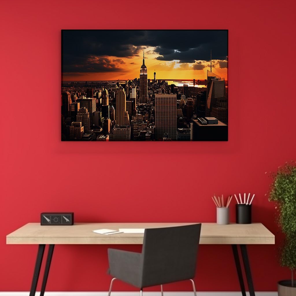 Canvas for Living room. Sunset Majesty Over New York � Empire State Building's Grandeur Amidst a Fiery Sky, 27 x 18 inch Canvas Wall Art - Ready to Hang