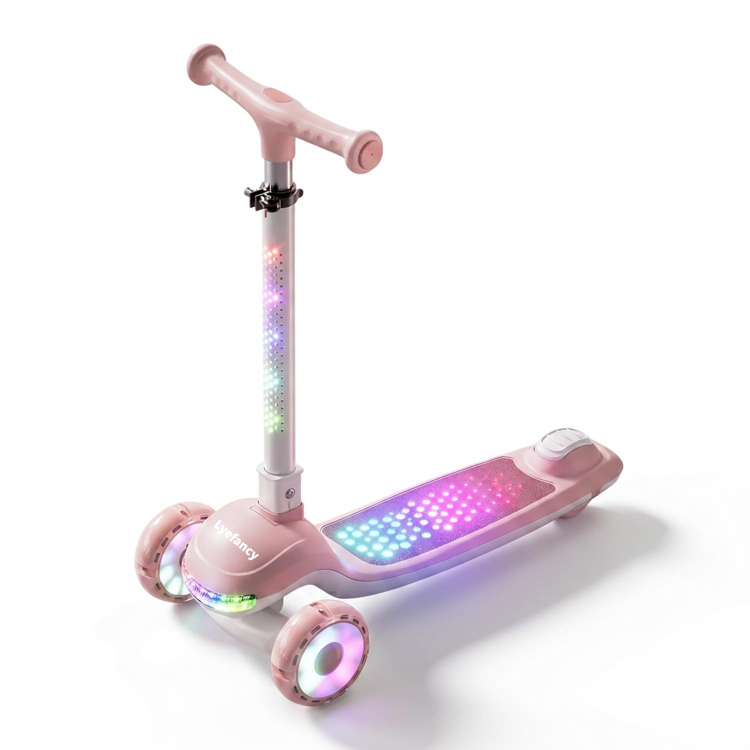 Lyefancy 3 Wheel Scooter for Kids Age 2-12, Children Folding Scooter with Led Light and Music, 4 Adjustable Height, Flashing PU Wheels, Lean to Steer, Flashing Body and Deck(Pink)