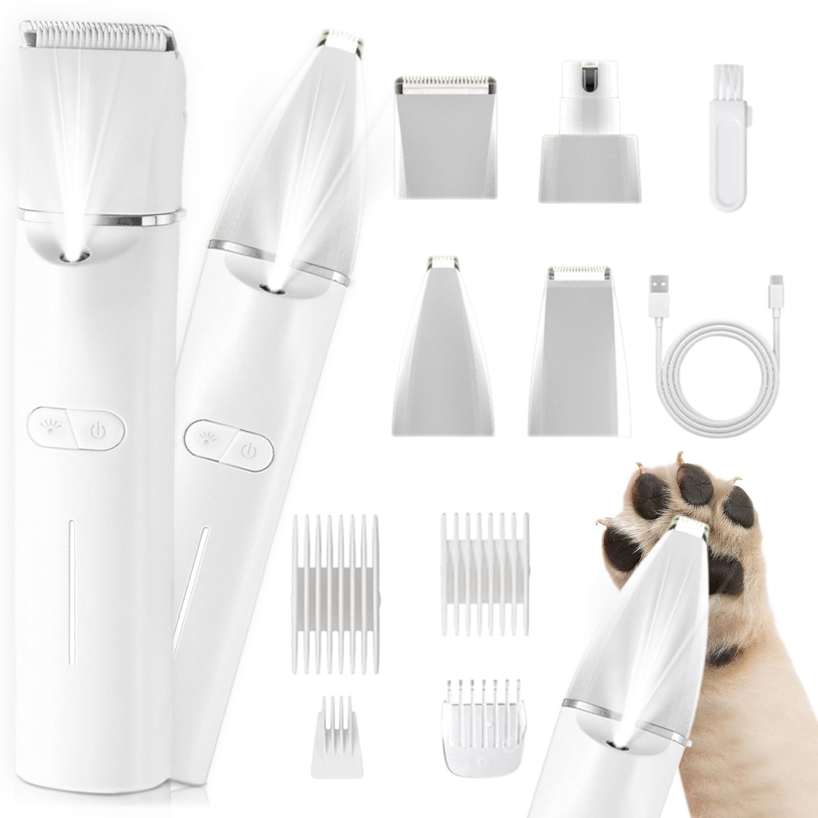 Dog Grooming Clipper Kit, 4 in 1 LED Light Low Noise Dog Paw Trimmer & Nail Grinder, 2 Speeds Adjustable Dog Grooming Kit for Cats Dogs