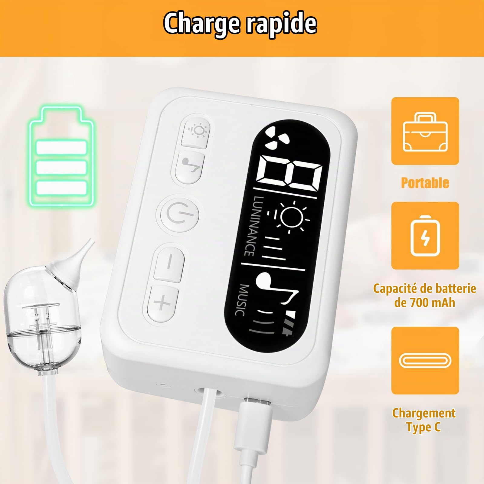 Aspirateur nasal électrique pour bébé – 9 niveaux d’aspiration, rechargeable, avec musique et lumière, facile à nettoyer, portable