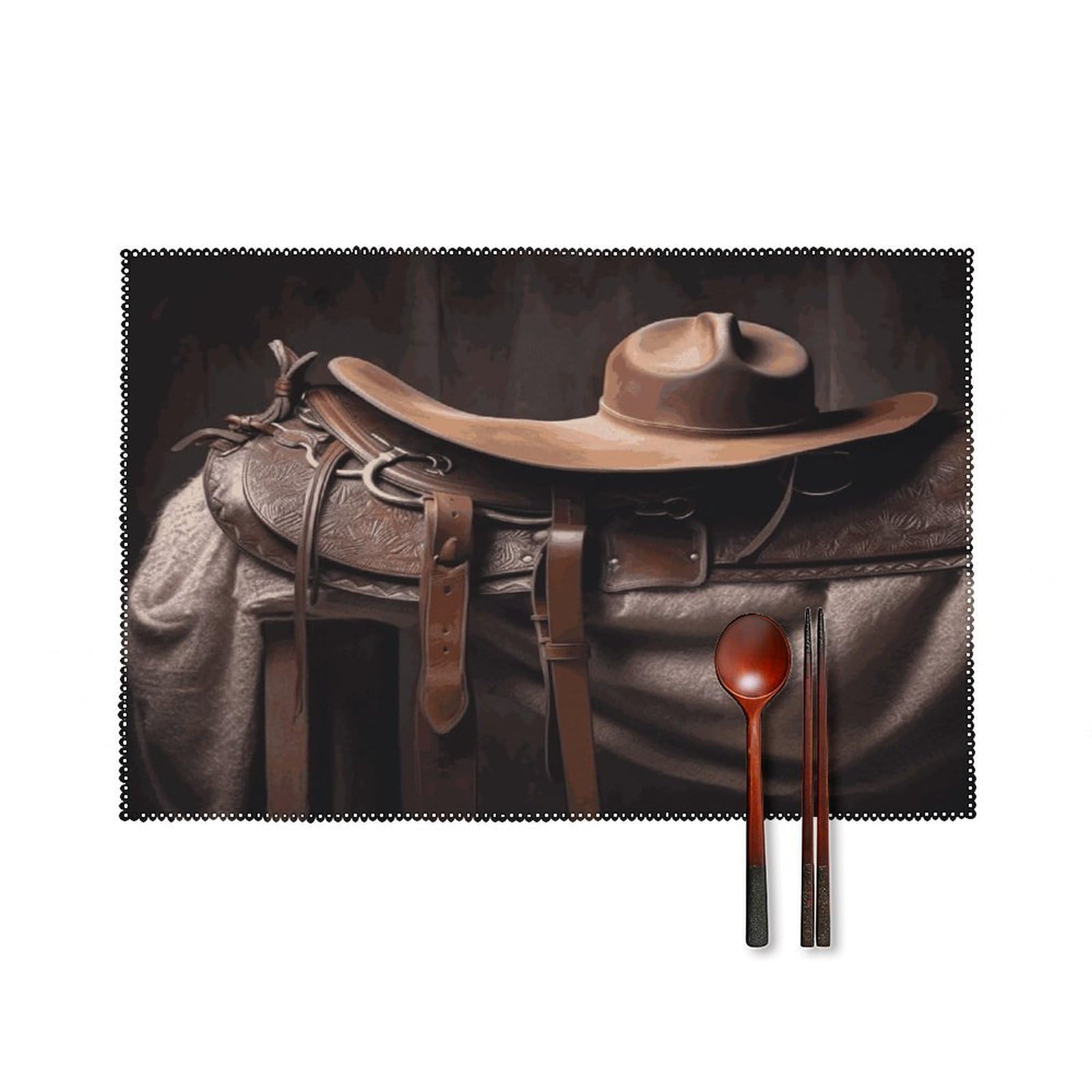 Horse Saddle with A Cowboy Hat Wild Placemats Set of 4 Heat Resistant Non-Slip Place Mats Reusable Dining Table Mats Canvas Place Mat Anti-Fading Waterproof Placemats for Dining Table Decor