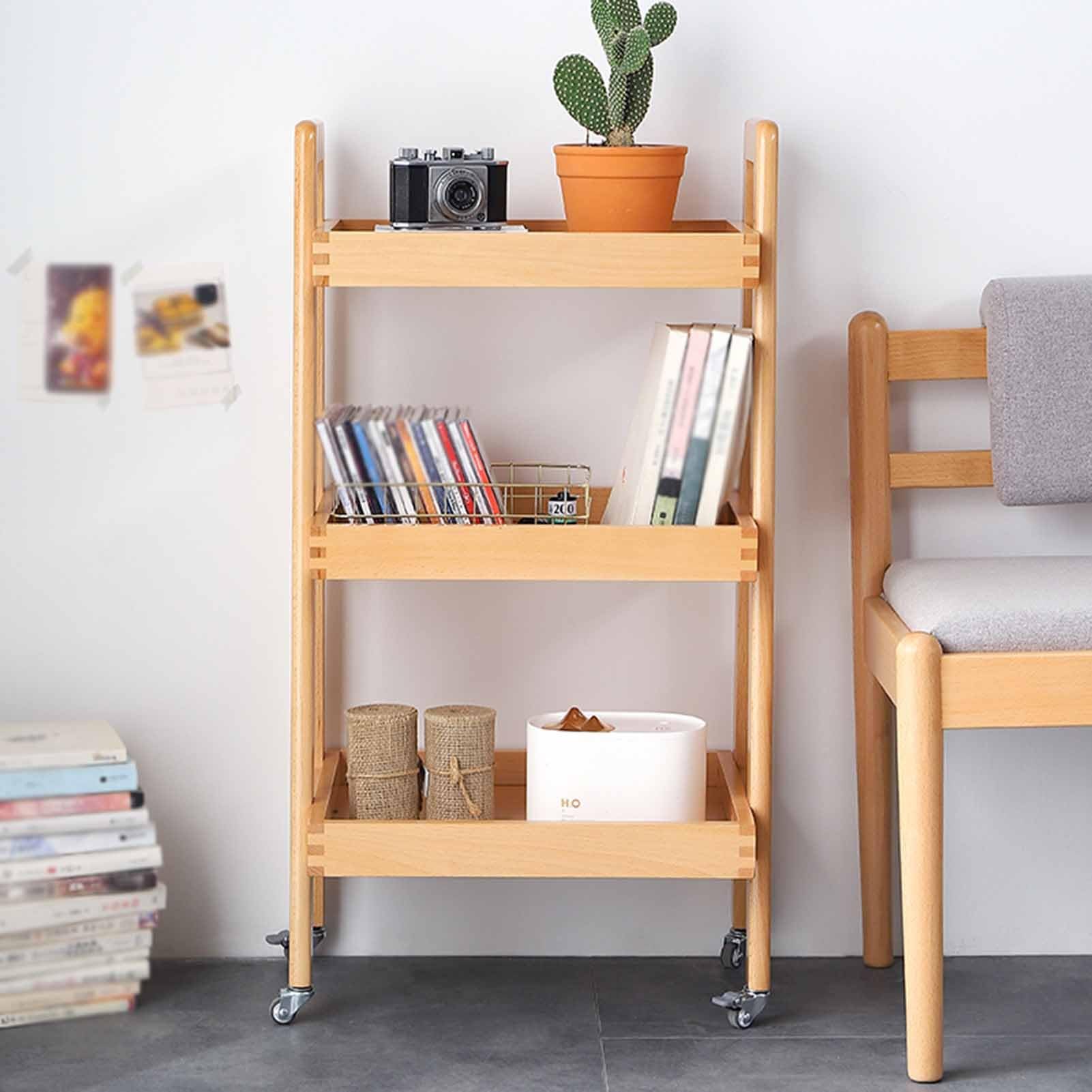 XPLKQXE Carritos De Suministro De Bebidas, Camión Rodante De Madera Maciza De Cocina, 3 Estante Almacenamiento Clasificador Bandeja, Se Pueden Mover Ruedas Goma (Color : Woody, Tamaño : 45X26.5X84CM