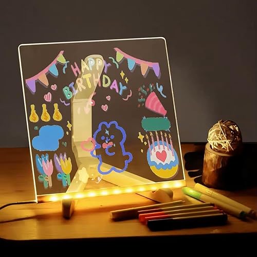 Tablero de notas LED con colores, tablero acrílico de borrado en seco con luz y 7 bolígrafos coloridos, pizarra de borrado en seco con soporte como