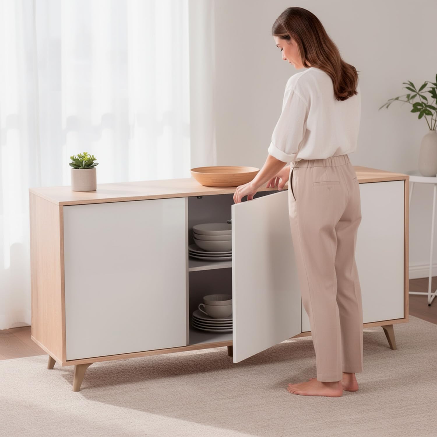 Credenza 3 Ante Con Apertura Push Madia Mobile Contenitore Moderno Con 6 Ripiani Interni Per Soggiorno Sala Da Pranzo Ingresso E Camera Da Letto Stile Nordico 154 x 40 x 75 Cm Rovere E Bianco