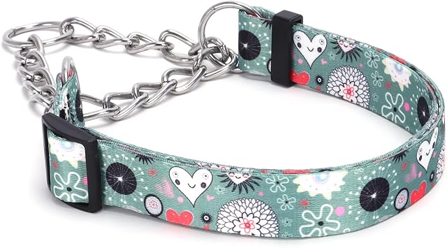 Martingale Dog Collar with Stainless Steel Chain - Limited Chain Cinch Training Collar for No Pull Training Dog - Flower Multicolor Cute Patterns - Premium No Slip Collar HA12NO11, S