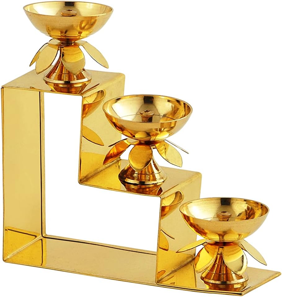 AKSHATA Brass Diya for Puja Home Office Mandir Akhand Jyot Diya Deepak for Diwali Festival Gift Item (DYA-STAIRS-3K) 1PIECE