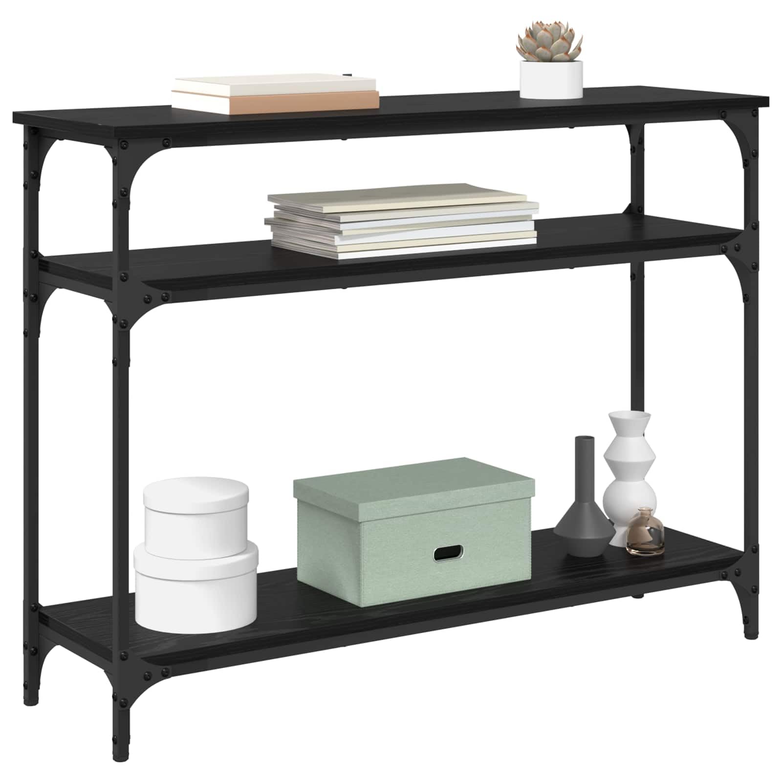 Stolik konsolowy z regałem o wyglądzie czarnego dębu, 100 x 29 x 75 cm, wykonany z materiału drewnopochodnego z metalową ramą, zajmuje mało miejsca, do salonu, korytarza, biura, miejsca do
