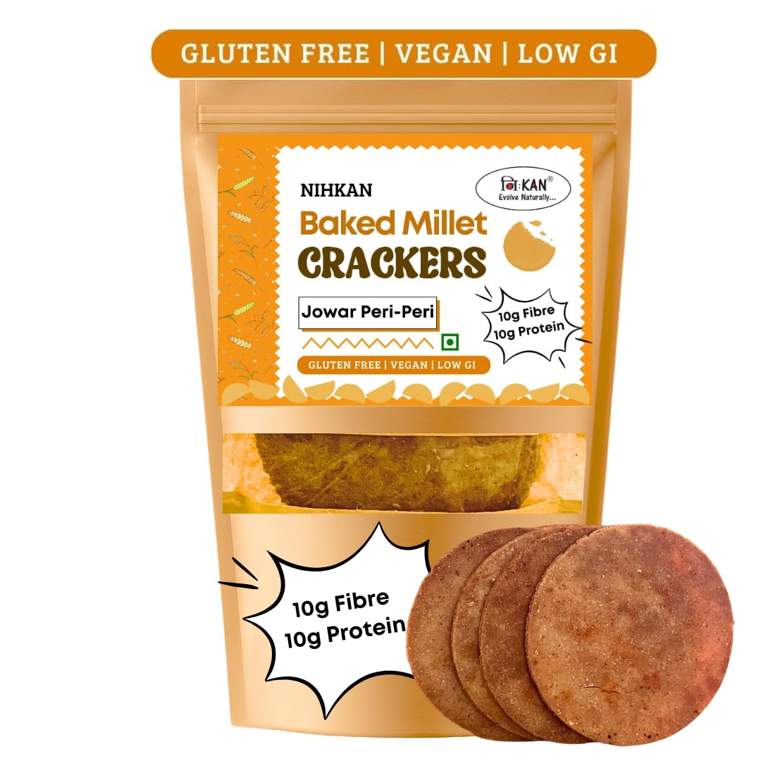 NIHKAN Jowar Millet Crackers – Gluten free | No Maida | High protein | High Fibre – Handmade & baked chai time guilt free snacks – Healthy Millet Snack – No Preservatives & No Baking soda – 100g each (Jowar Peri-Peri Flavour) NIHKAN Jowar Millet Crackers – Gluten free | No Maida | High protein | High Fibre – Handmade & baked chai time guilt free snacks – Healthy Millet Snack – No Preservatives & No Baking soda – 100g each (Jowar Peri-Peri Flavour)