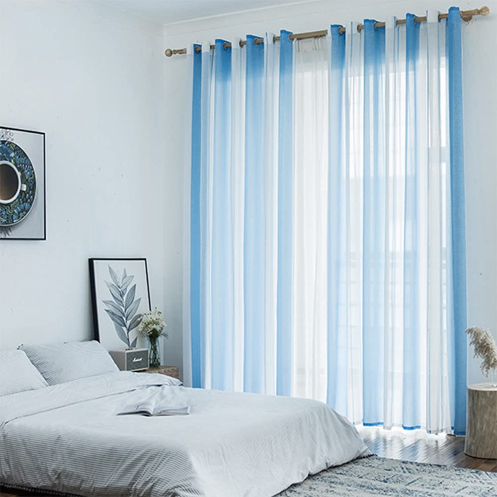 Hiseng Voile Vorhänge mit Ösen Durchsichtig Halbtransparent Ösenvorhang für Fenster Wohnzimmer Schlafzimmer Moderne und Elegante Transparent Gardine 2er Set (Blaue Streifen,137x160cm)