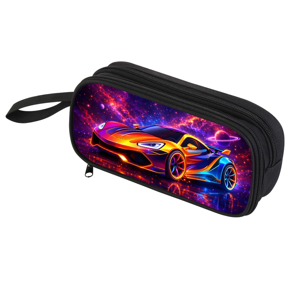ZRENTAO Flame Colorful Racing Car Pencil Case for Kids Boys Girls, Large Capacity Double Zipper Pencil Pouch, Cool Fire Sports Car Pen Bag School Supplies Organizer for Elementary Students