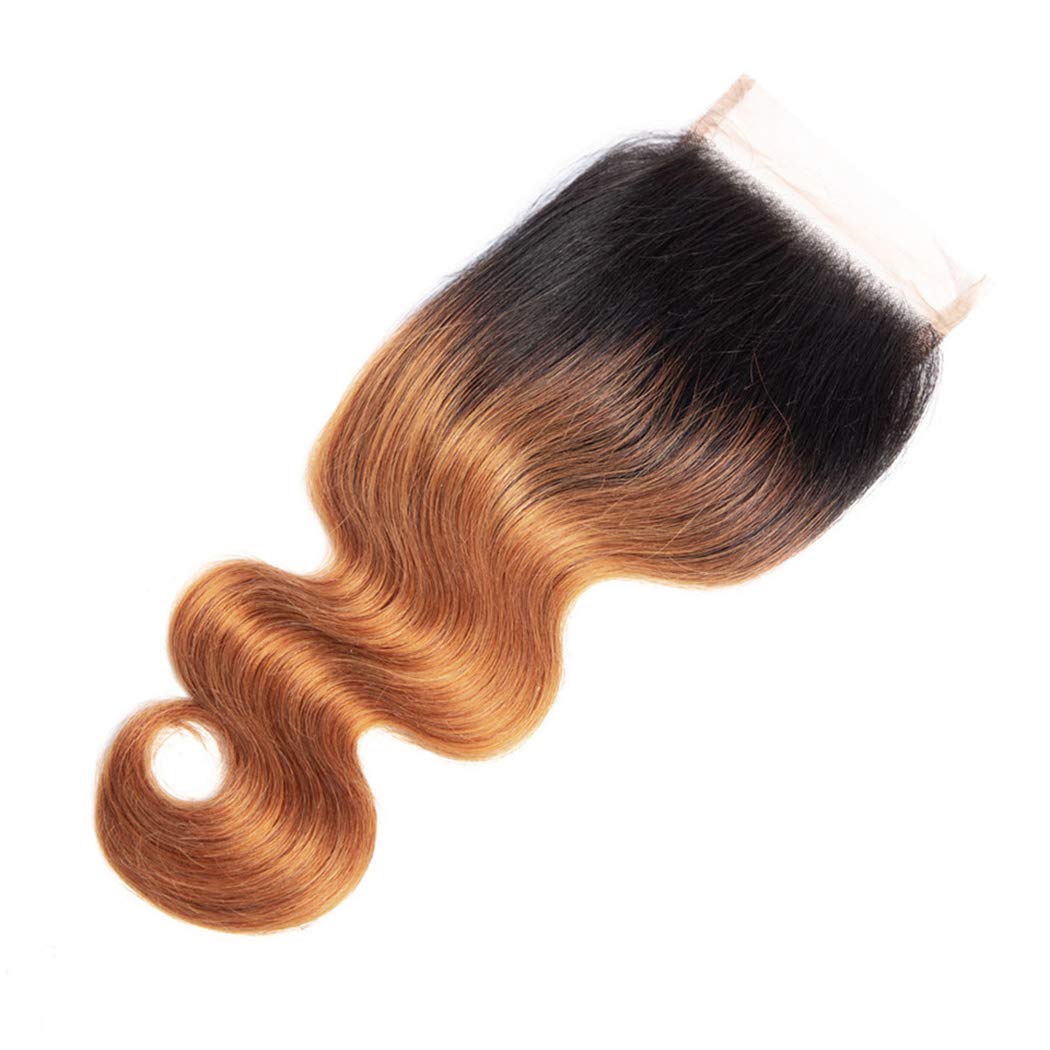 1B/30 Closure 4x4 HD Transparent Swiss Lace Ombre Closure Body Wave Human hair With Baby Hair Pre Plucked 150% Density Soft Remy Brazilian Virgin Hair 14 Inch Color #1B/30