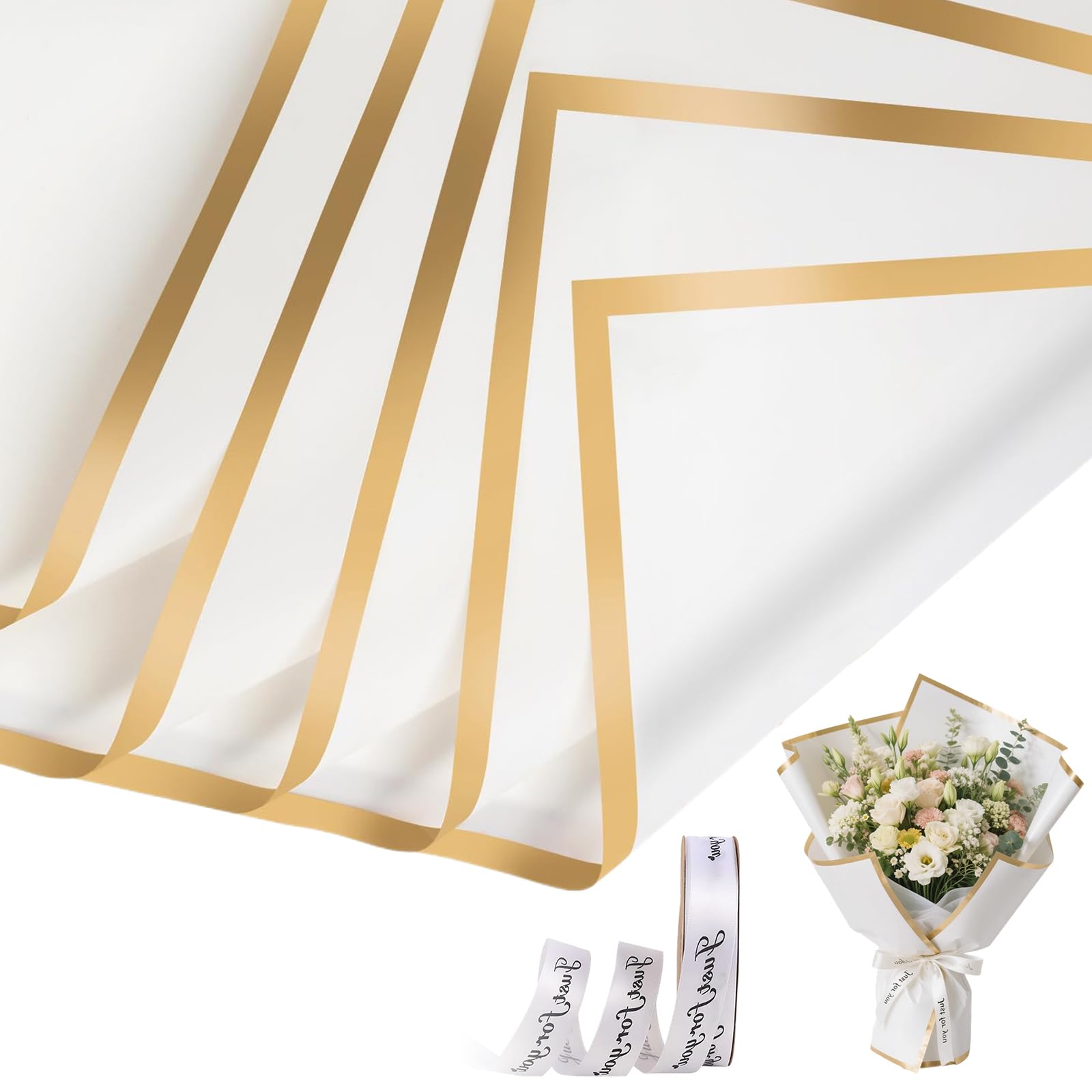 20 Sheets Flower Bouquet Wrapping Paper,Waterproof Flower Wrapping Paper,Flowers Gift Wrapping Papers with Ribbons, Butterfly Decorations for Flowers Shop Bouquet Packaging (White)