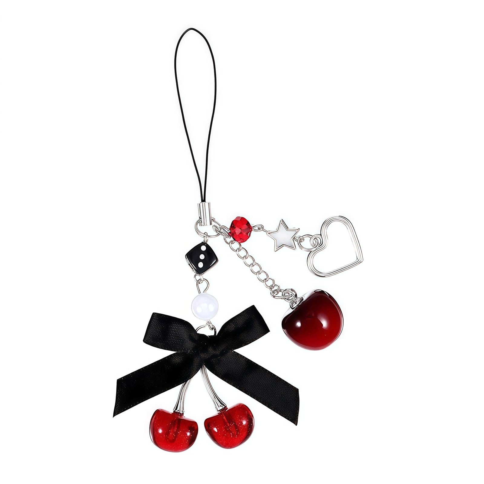 Kurze Handykette avec Charme Cerise – Breloque de téléphone Mignon en Noir comme chaîne Courte décorative pour Smartphone et clés