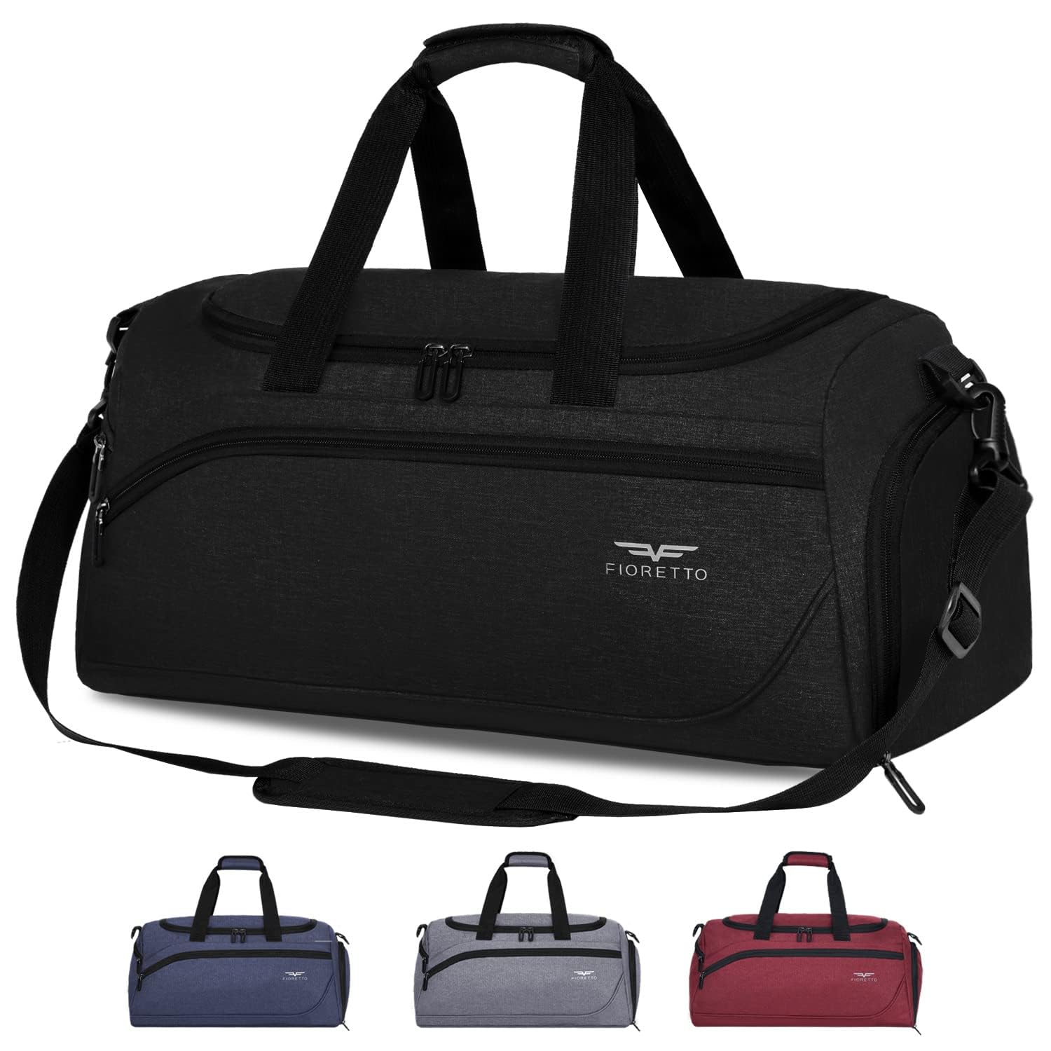 FIORETTO 35L Sporttasche & Reisetasche für Damen und Herren, mit Schuhfach & Nassfach, Wasserdicht Tasche für Trainingstasche, Gym, Travel, Schwimmen, Sauna, fußball Schwarz